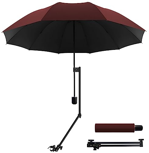 WILRAY UPF 50+Verstellbarer Regenschirm, Golfschirm mit verstellbarer universeller Klemme, für Stühle, Golfbeutel, Kinderwagen, Rollstuhl, Terrasse, tragbare Regenschirme (Red-M)