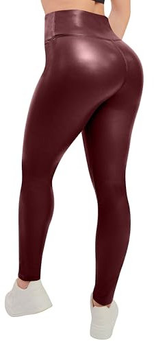 Love My Fashions ® Damen Weiche Kunstleder Warme Fleece PU Leggings Wetlook Elastische Taille Full Länge Hose, wein, 46-48
