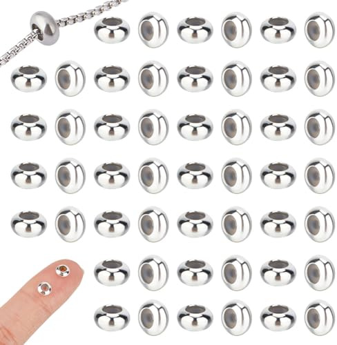 UNICRAFTALE 50 Piezas de Tapón y Cuentas Deslizantes de Latón - 5 mm de Goma Espaciadoras de Plata - Cierres Ajustables Rondelle Sueltas
