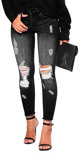 KUNMI Women's Skinny Ripped Trendy Jeans Distressed Stretchy Denim Pants