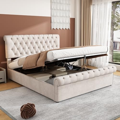 Merax Upholstered Bed Frame with Hydraulic Lift, 4FT6 Double Bed Frame with Storage, Functional Ottoman Bed, Sturdy Construction, Without Mattress, Elegant Velvet Finish, Beige, 135x190cm