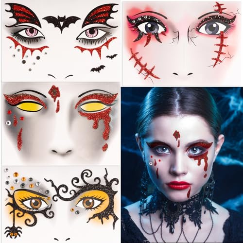 BOOMTOP 4 Hojas Tatuaje Purpurina Cara de Herida Murciélago Araña, Pegatinas de Polvo Brillante Autoadherente para Halloween, Decoración Temporal