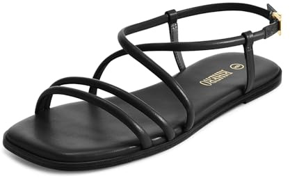 Rihero Black Flat Sandals for Women Summer Strappy Open Toe Slip On Ankle Strap Sandals Comfortable Dressy Size 10