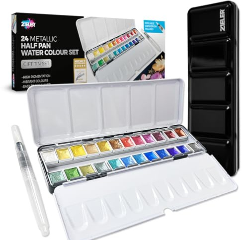 Zieler 24 Metallic Half Pan Watercolour Gift Tin Set with refillable water brush