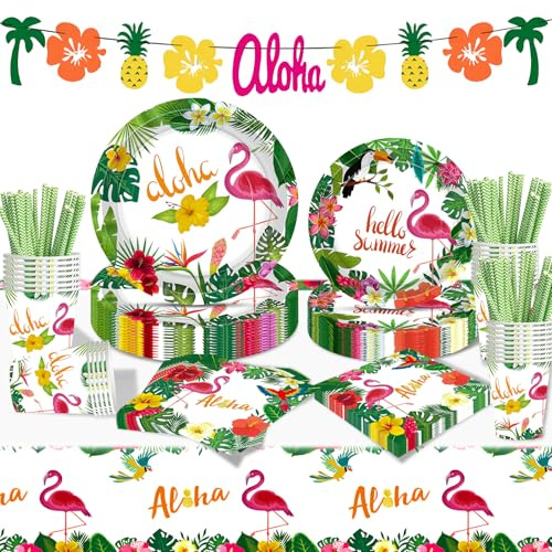 Moerstar 102 Pezzi Set Stoviglie per Festa Hawaiana con Piatti Carta Fenicotteri Hawaiane Bicchieri di Carta Tovaglioli Tovaglie Decorazioni per Festa Hawaiana per Party Hawaiano (Stile 1)