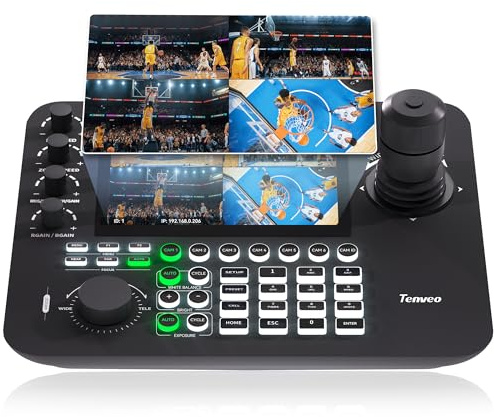 Tenveo NDI IP-kamerakontroller 7 tum Quadruple Screen Preview, 4D Joystick kontrolltangentbord för kyrklig streaming, live-evenemang, stöder NDI PoE VISCA Pelco-D/P