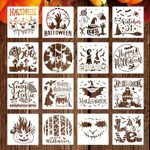 16 plantillas Halloween, plantillas Halloween para pintar sobre madera, plantillas de plástico para tarjetas de felicitación, adornos para paredes, ventanas y puertas