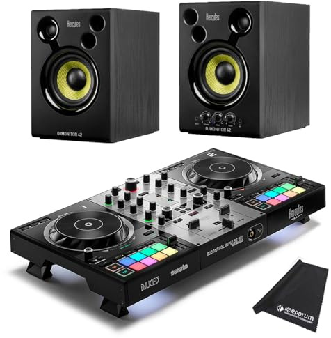 Hercules DJControl Inpulse 500 2-Deck DJ USB-Controller Silver Edition + DJMonitor 42 Boxen + keepdrum Mikrofasertuch