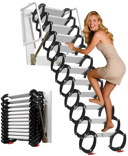Foldable Attic Ladder Wall Mount 12FT Telescopic Aluminum Loft Staircase - 1100LB Heavy Duty Pull Down Retractable Step Ladder for Storage Space Saving