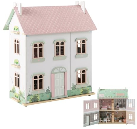 Maxmass 3-Storey Kids Dollhouse, Wooden Children Doll House with Double-sided Roof, 5 Rooms, Openable Door, 19PCS Furniture Accessories, Toddler Pretend Dolls House Playset for 3+ Years Old