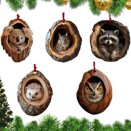 Adornos NavidadArbol, 5 PCS 2D Adornos Navideños con Animales, Colgantes Navideños, Adorno Arbol Navidad, con Mapache, Búho, Erizo y Conejo...para Árbol de Navidad, Decoración de Coronas (D)
