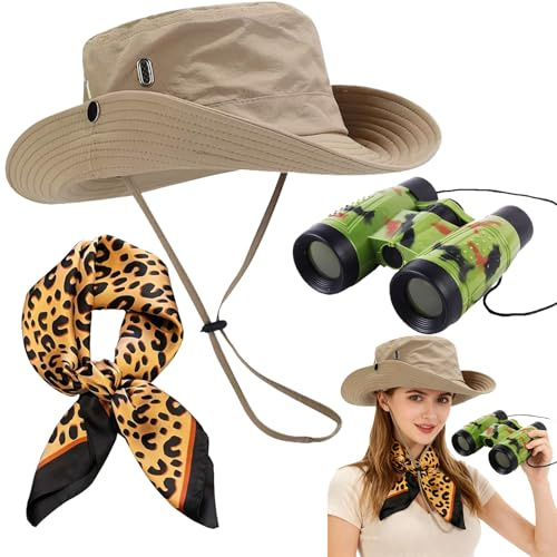 DTAOZFA Costume da safari da donna, cappello da sole pieghevole, costume da archeologo, costume da gioco di ruolo Halloween, cappello da pescatore, telescopio, scaldacollo, abbigliamento safari da