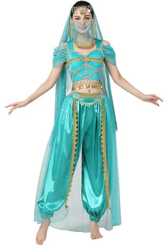 YCHUCH Costume da danza del ventre, set professionale composto da camicia top pantaloni da ballo, veli, copricapo, carnevale, ballerina, vestito per il ventre, Blu e verde quattro, M