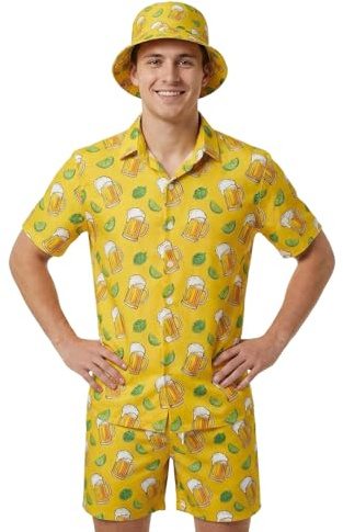 Joyesplay Camisa hawaiana para hombre, 3 piezas, traje hawaiano para hombre con camisa de flamenco, pantalones cortos, sombrero de pescador, camisas hawaianas para verano, playas, fiestas en la