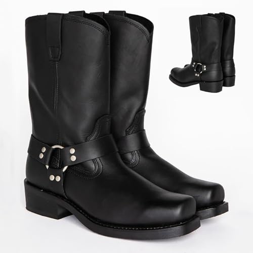 Bottes De Moto En Cuir, Bottes D'équitation Pour Hommes, Bottes Western À Talon Bloc Épais, Bottes De Motard Montantes À Bout Carré(Noir,41 EU)