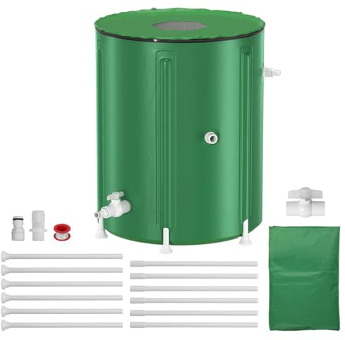 Vkechh Vikbar regntunna 200 l med dräneringsventil PVC vattentank med lövskyddsgaller UV-resistent regnvattensamlare platsbesparande vikbar regnvattentank för trädgård och camping – grön