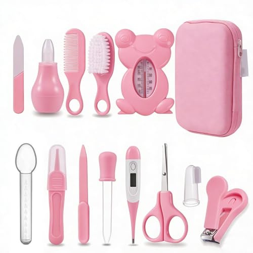 Kit di Cura per Neonati 13 in 1, Set Completo Toeletta Igiene con Tagliaunghie, Cesoie e Accessori per Bagno, Custodia Rigida EVA Portatile Senza BPA, Ideale per Casa Ospedale e Viaggio (Rosa)