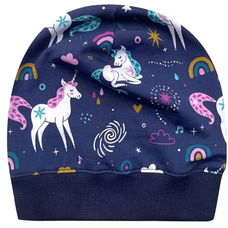 Wollhuhn ÖKO Leichte Mädchen/Jungen Beanie-Mütze Bündchen Elastisch Übergangszeit/Sommer Kinder-Mütze Baumwolle (Öko-Stoffe, Bio) 22222235 (Einhörner Dunkelblau, M)