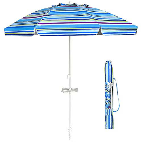 GIANTEX Sombrilla de Playa Grande 220 cm, Protección Solar UV50+, Sombrilla Inclinable con Bolsa de Transporte, Portavasos y Ancla, Parasol para Jardín, Terraza, Mercado (Rayas Multicolores)