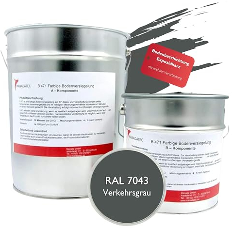 MANADATEC 2k Epoxidharz Bodenbeschichtung 10kg I RAL 7043 Verkehrsgrau I Lösemittelfrei, Umweltfreundlich & Geruchsneutral I Beschichtung für Garagen- & Kellerböden I Hohe Schlagfestigkeit