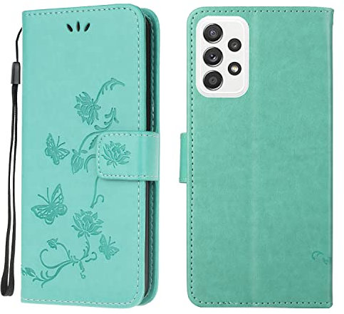 Samsung Galaxy M13 / M23 Case, Shockproof Flip PU Leather Slim Fit Wallet Phone Case Lotus Butterfly with Stand Card Slot Holder Gel Bumper Folio Protective Cover for Samsung M13 / M23 Green