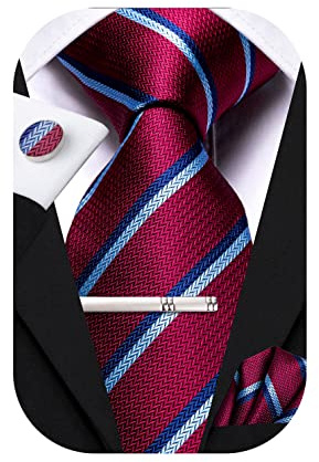 Hi-Tie - Set di cravatte in seta da uomo, rosa, blu, nero, 4 pezzi, con fazzoletto da tasca quadrato e gemelli, clip e spilla per matrimonio, M