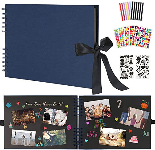 Boic Fotoalbum zum Selbstgestalten, DIY fotoalbum 80 Schwarze Seiten, Spiralalbum Fotoalben Fotobuch zum Einkleben, Vintage Scrapbook für Baby Valentinstag Geburtstag Geschenk (Blau) Ohne Stift