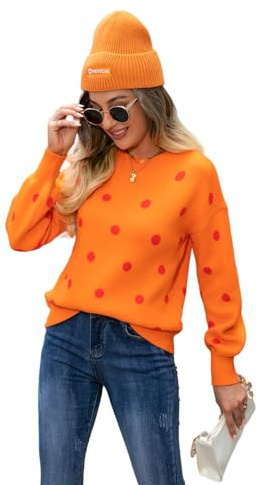 HEYPORK Damen Herbst Winter Warm Bequem Strickjacke Casual Mode Polka Dot Pullover (Orange, M)
