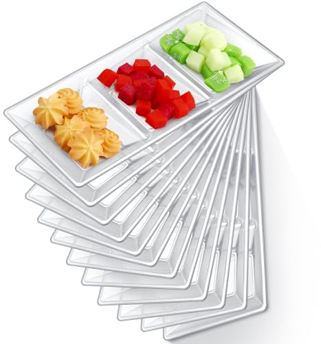 Ziliny 20pcs Clear 3 Section Serving Tray Bulk Serving Dish Compartment Appetizer Tray Plastic Dessert Platter Divided Disposable Plate for a Tini Bit Older Party