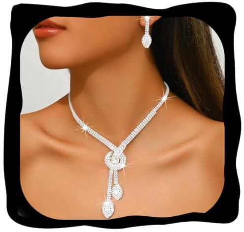 Unicra Silver Rhinestone Bridal Wedding Jewelry Set Crystal Necklace Earrings Sets Formal Prom Costume Jewelry Sets for Women and Brides (Silver)