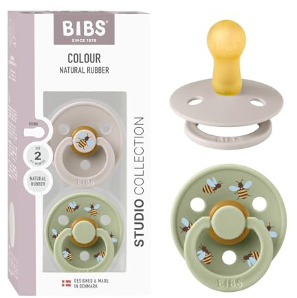 BIBS Colour Studio Soother 2-Pack, BPA Free Dummy Pacifier, Round Nipple. Natural Rubber Latex, Made in Denmark, Size 2 (6-18 Months), Mushroom/Sage