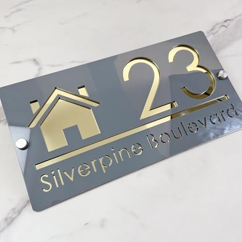 Placa de Dirección Personalizada - Número de Casa 3D en Acrílico, Corte Láser, Diseño Moderno con Efecto Flotante - Letrero Exterior para Hogar, Hotel y Apartamento (Gray gold)