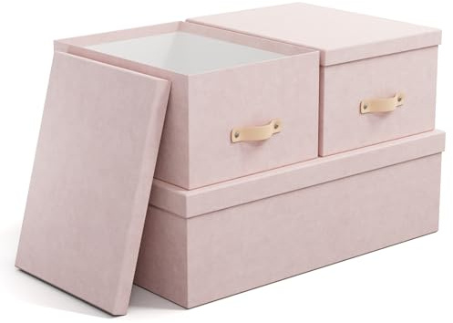 BIGSO INGE 3er-Set Aufbewahrungsboxen für das Schlaf-, Kinder-, Arbeits- oder Badezimmer – Ordnungsbox mit Deckel – Aufbewahrungskisten aus 100% recycelter Faserplatte und Papier in Leinenoptik – rosa