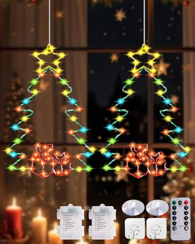 BrightArk Luces Navideñas para Ventanas, 2 Unidades de Luces para Árbol de Navidad a Pilas, Siluetas Navideñas con 8 Modos para Interior/Exterior, Decoraciones de Navidad