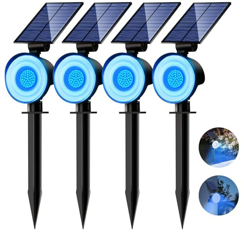 nipify 4 Piezas Luces Solares LED Exterior Jardin, [53 LED/3 Modos] Focos Led Exterior Solares Potente, Impermeable Luz Solar Jardin para Caminos, Patio, Terraza (Azul)