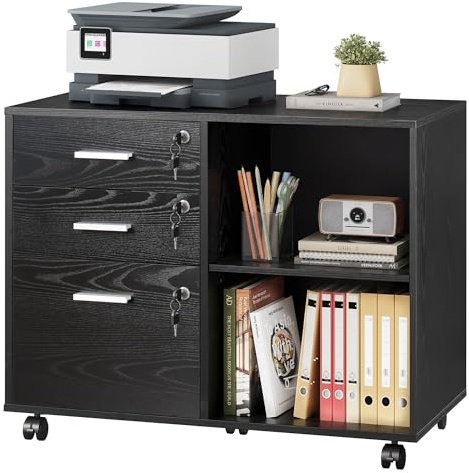 DEVAISE 3 Drawer Mobile File Cabinet, Lockable, Open Storage Shelf, Black | 3 Drawers for Organized Storage, Lockable for Added Privacy, Mobile & Easy to Move, Printer Stand & Storage