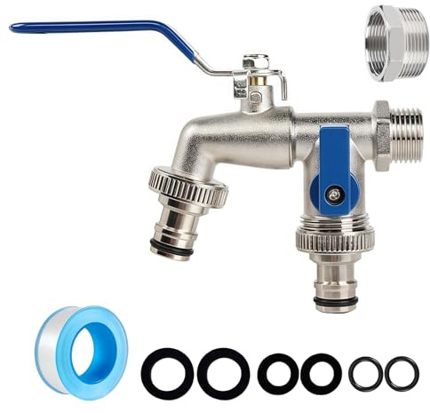 Double Garden Tap Blue,Double Water Faucet Tap with 1/2inch Brass Water Faucet and 2 * 3/4 inch Ball Valve Outside Tap Hose Fitting Garden Tap Kit
