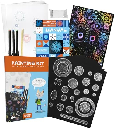 CRAFTY CATS Spirograph 47 Piezas Kit Deluxe con Scratch Art Papel Rayado Mandala Plantillas Engranajes Precision Bambu Punzon Regalo Creativo Ninos Adultos 8 Anos