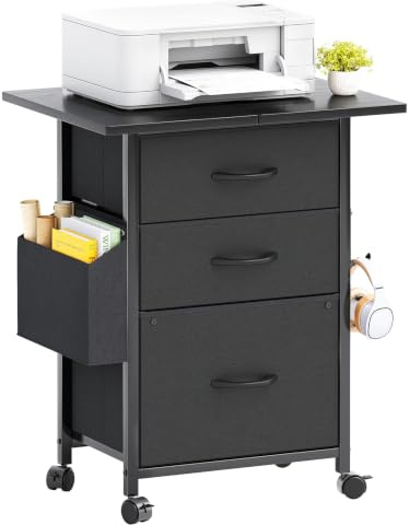 CAIYUN Filing Cabinet with 3 Fabric Drawers, Mobile File Cabinet on Wheels & Adjustable Feet, Rolling Under Desk Cabinet, Printer Stand for Home Office, Black