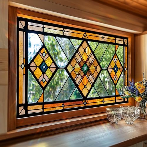 SHENGYUMY Geometric Stained Glass Window Film 17.7 x 39.3 Inch No Glue Static Cling Yellow Orange Decorative Privacy Film for Home Kitchen Bathroom Door Transom Glass Panel
