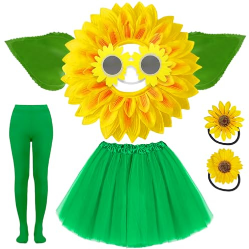 Boyigog Costume da girasole da donna, set di 8 pezzi, gonna con girasole, tutù con copricapo, collant, guanti, girasoli, accessori per l'estate, cosplay, feste, Halloween