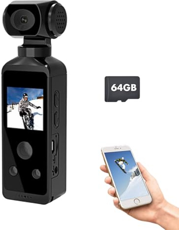 EMEBAY Cámara de acción de bolsillo Ultra HD 4K de 64 GB, mini cámara deportiva de mano giratoria de 270°, fotografía EIS/Time-lapse/disparo a cámara lenta/cámara corporal portátil subacuática
