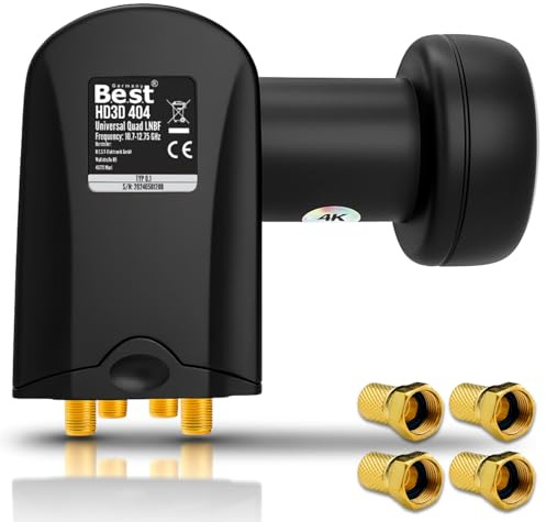 Quad LNB Satelliten LNC Kopf für 4 Teilnehmer – Direktanschluss, LTE-geschützt, Full HD / 3D / 4K UHD, vergoldete Anschlüsse, Wetterschutz, Weiß/Schwarz + 4X vergoldete F-Stecker