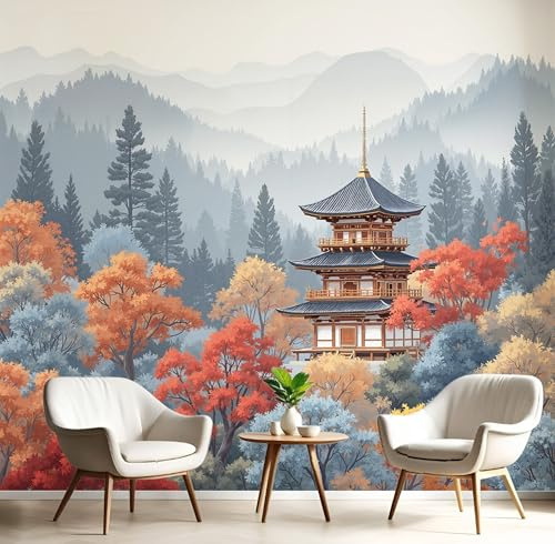 SMBHIAON Papier peint panoramique artistique 450×315 CM - Revêtement mural décoration chambre salon - Architecture Chinoise Traditionnelle - Rouge - Motif D'Arbres Denses