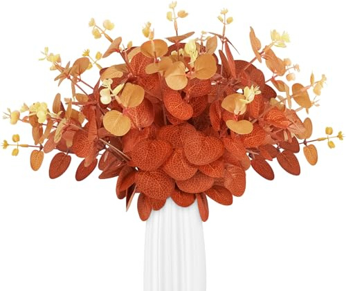 HOTUT Feuilles D'eucalyptus Artificielles d'automne, 30Pcs Branches D'eucalyptus Artificielle Faux Branche, Fleurs Artificielles Deco, Branches de Feuilles, pour Automne, Mariage, Festival, Orange