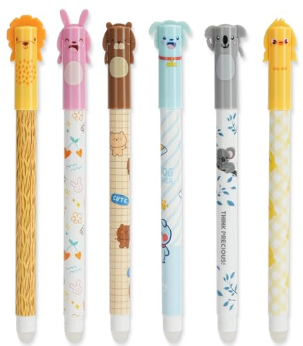 AUAUY Juego de 6 Bolígrafos de Gel Borrables, con Tinta de Borrado Termosensible, Punta de 0,5 mm, con Adorables Dibujos de Animales, Ideales para Papelería y Oficina (Tinta Azul)