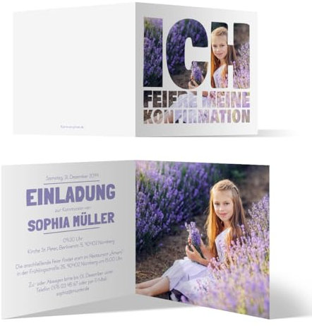 Personalisierte Kommunion Einladungskarten (10 bis 100 Stück wählbar) - Fotoschrift - Kommunionskarten Einladung Klappkarten aus 300g/qm dickem Papier mit eigenem Bild und Text