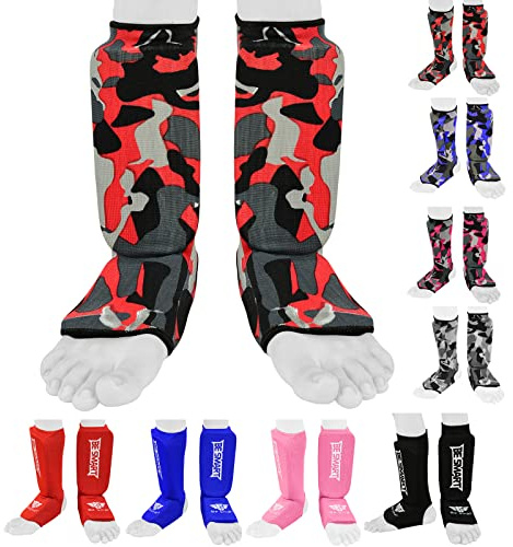 Kids Kick Boxing Shin Protectors/Guard Foot Pads Junior Shin Instep Children (Red Camo, XXS (9 to 13 Years))