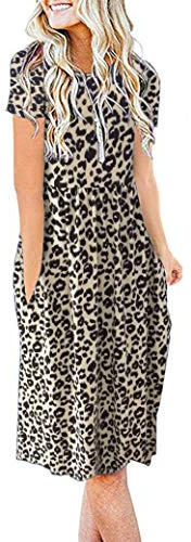 AUSELILY Summer Dresses for Women Short Sleeve Knee Length with Pockets Loose Pleated Empire Dress T-Shirt Dresses Leopard