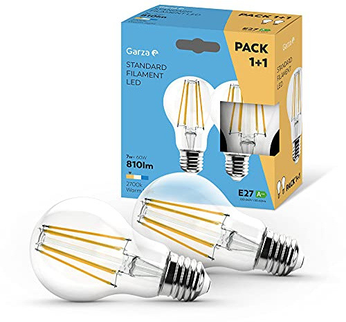 Garza - Pack de 2 Bombillas de Filamento LED Estándar A60, 7W (equivalente a 60W de incandescencia), Luz cálida 2700K, Casquillo grueso E27, 810 lm